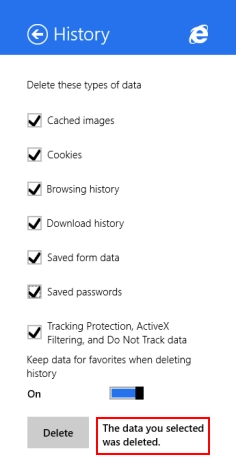 Internet Explorer, Windows 8.1, app, delete, browsing history, data