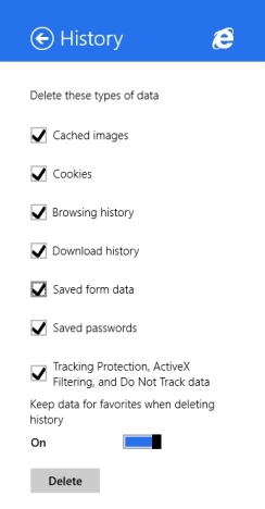 Internet Explorer, Windows 8.1, app, delete, browsing history, data