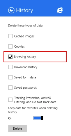 Internet Explorer, Windows 8.1, app, delete, browsing history, data