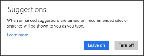 Internet Explorer 11, touch, version, Windows 8.1, enhanced, suggestions, turn on, turn off