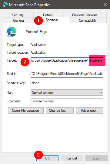 Microsoft Edge shortcut to open a private window