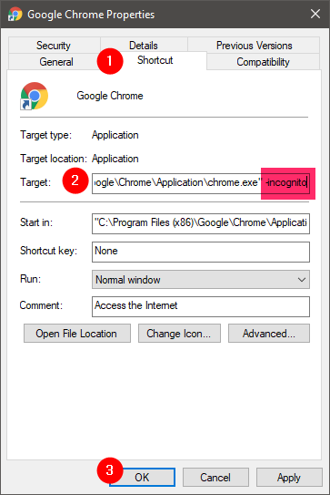 Chrome shortcut to open a private window