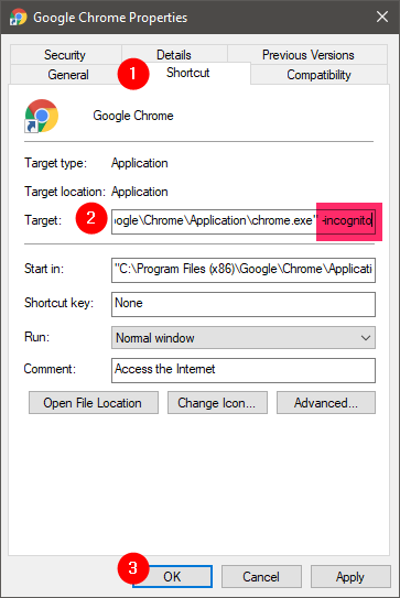 Make InPrivate or Incognito shortcuts for Firefox, Chrome, Edge, Opera