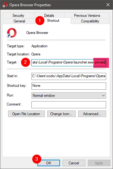 Opera shortcut to open a private window