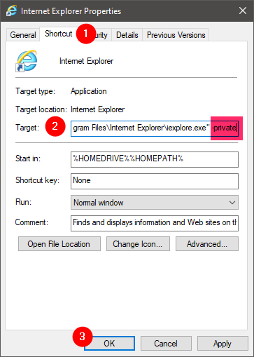 Internet Explorer shortcut to open a private window