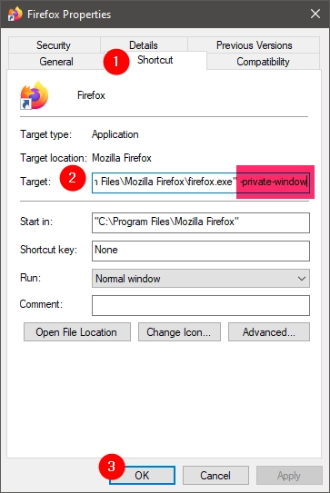 Firefox shortcut to open a private window
