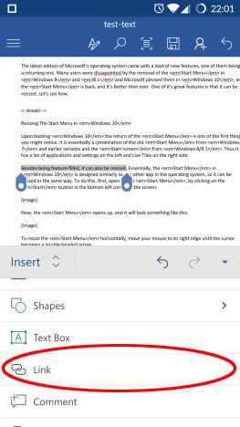 Android, Microsoft Word, documents, insert, text boxes, links, comments