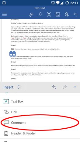 Android, Microsoft Word, documents, insert, text boxes, links, comments