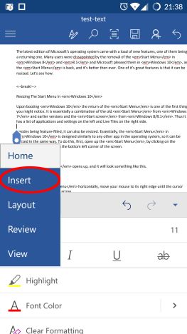 Android, Microsoft Word, documents, insert, text boxes, links, comments