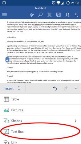 Android, Microsoft Word, documents, insert, text boxes, links, comments