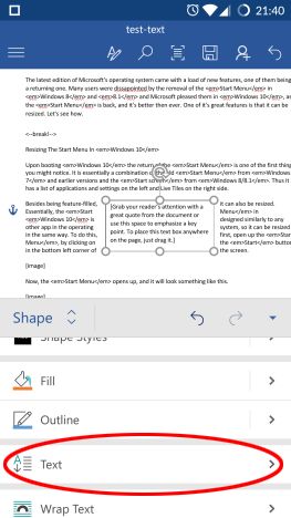 Android, Microsoft Word, documents, insert, text boxes, links, comments