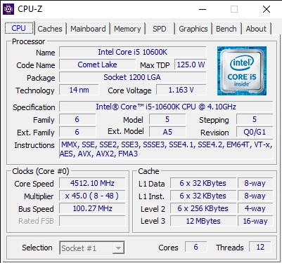 CPU-Z details about the Intel Core i5-10600K CPU