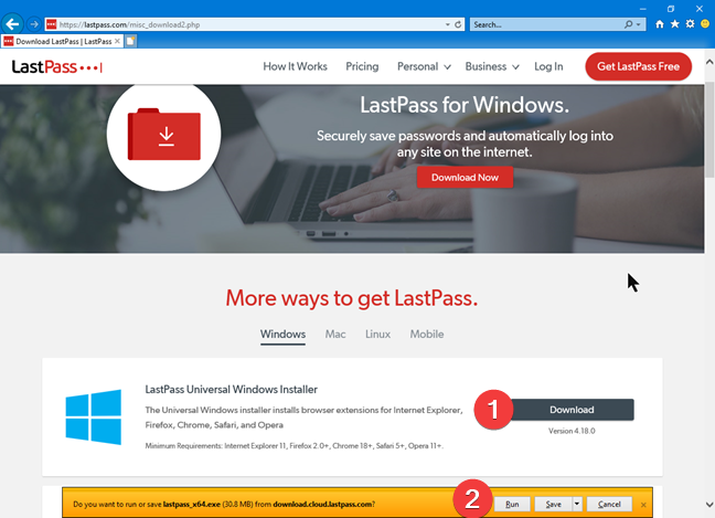 LastPass download page with the Internet Explorer add-on