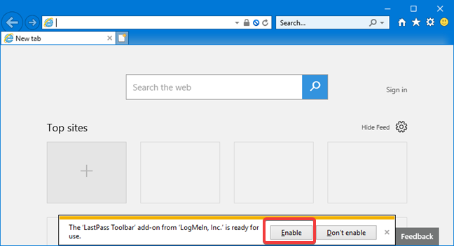 Internet Explorer notification to enable the LastPass add-on