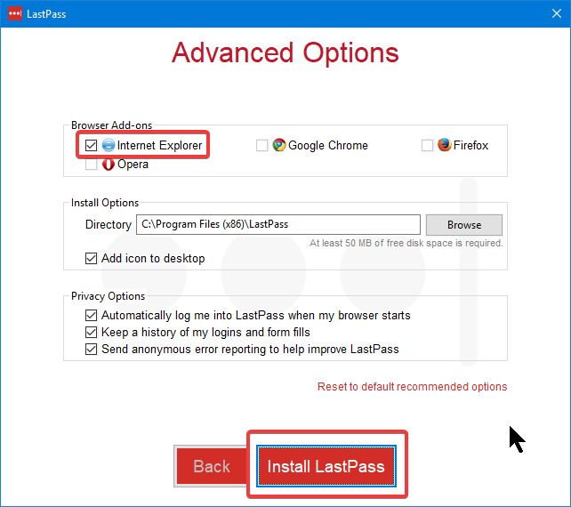 LastPass installer advanced options for Internet Explorer add-on