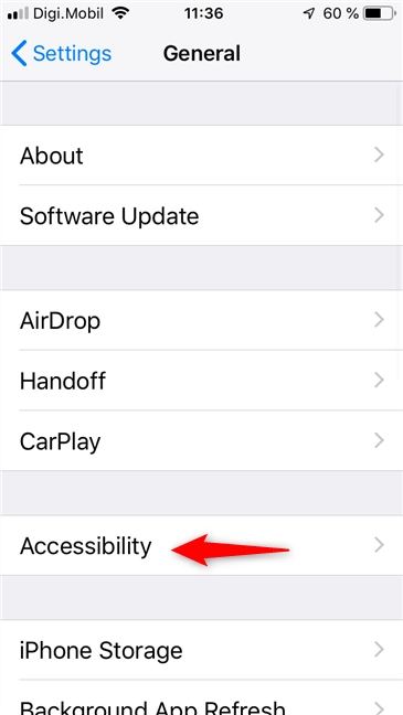 The Accessibility settings on an iPhone