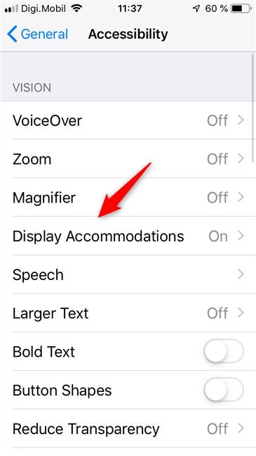 The Display Accommodations settings on an iPhone
