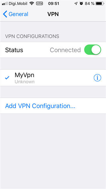 The iPhone is connected to the VPN