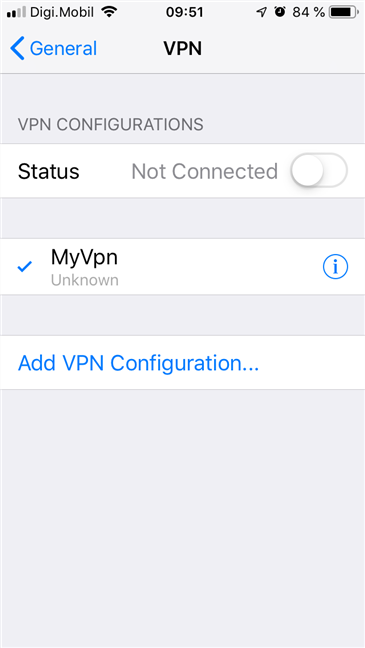The VPN connection is saved and listed on the VPN screen