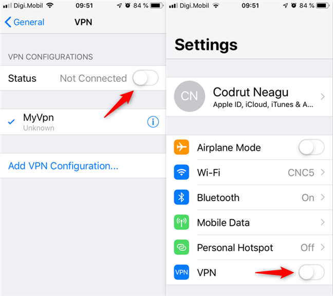 The VPN can be disconnected from multiple places in the Settings