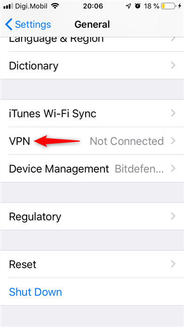 The VPN settings on an iPhone