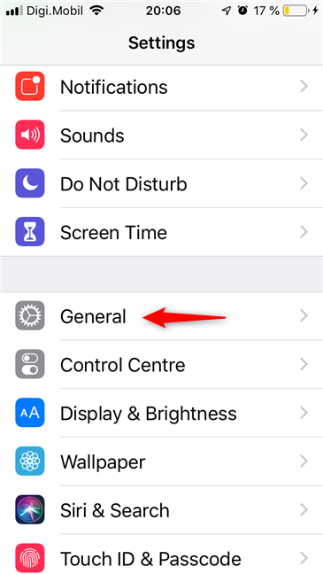 The General entry from the Settings of an iPhone