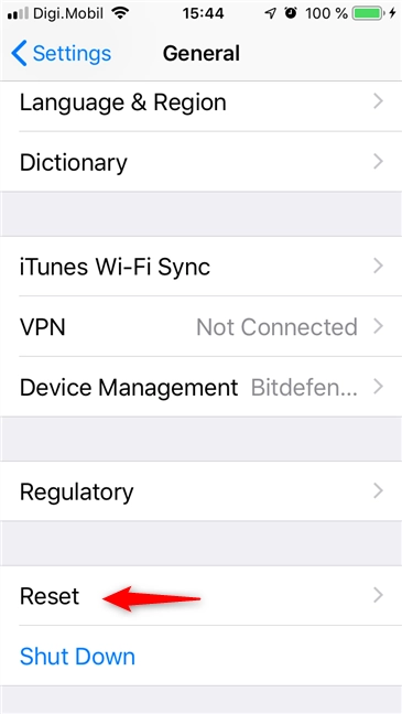 The Reset entry in the Settings of an iPhone