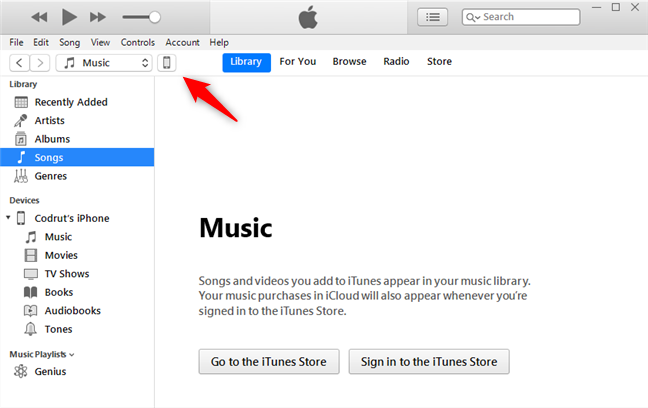 The iPhone device button from the top-left area of the iTunes app