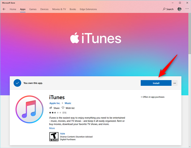 The iTunes page from the Microsoft Store