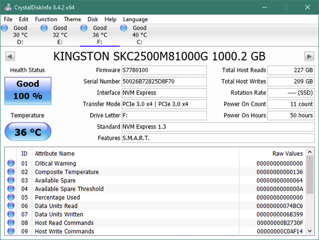 Information about the Kingston KC2500 1 TB M.2 NVMe PCIe SSD