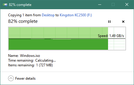 Copying a large file on the Kingston KC2500 1 TB M.2 NVMe PCIe SSD