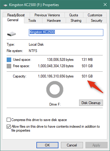 Details about the Kingston KC2500 SSD, as shown by Windows 10