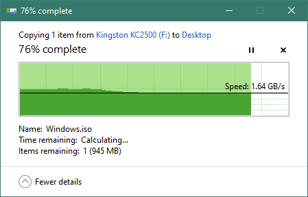 Copying a large file from the Kingston KC2500 1 TB M.2 NVMe PCIe SSD