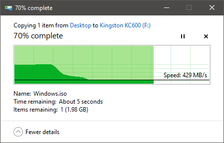 Copying a large file on the Kingston KC600 2.5&quot; SATA SSD
