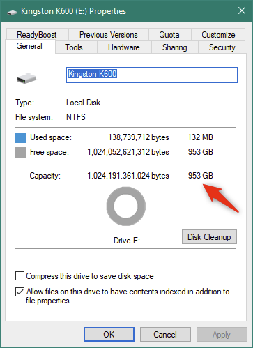 The Windows 10 Properties of the Kingston KC600 SSD