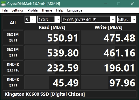 Kingston KC600 1 TB 2.5&quot; SATA SSD: CrystalDiskMark benchmark results
