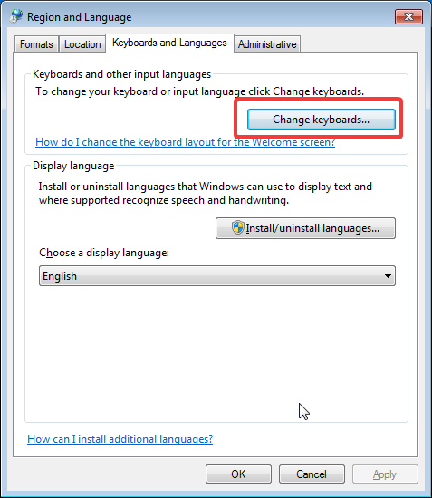 Change keyboards in the Region and Language window in Windows 7