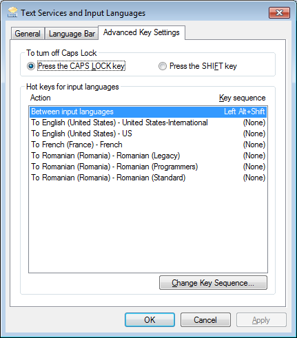 Advanced key settings for input languages in Windows 7