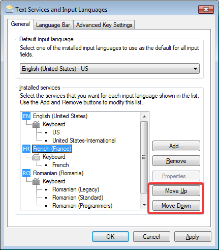 Change the order of the input languages in Windows 7