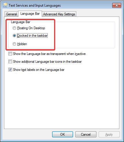 Language bar options in Windows 7