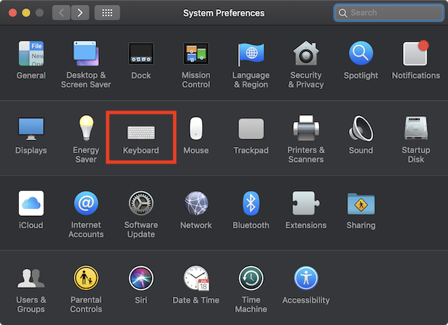 The Keyboard option in the System Preferences window