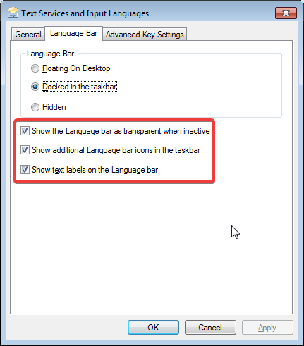 Additional options for the language bar in Windows 7
