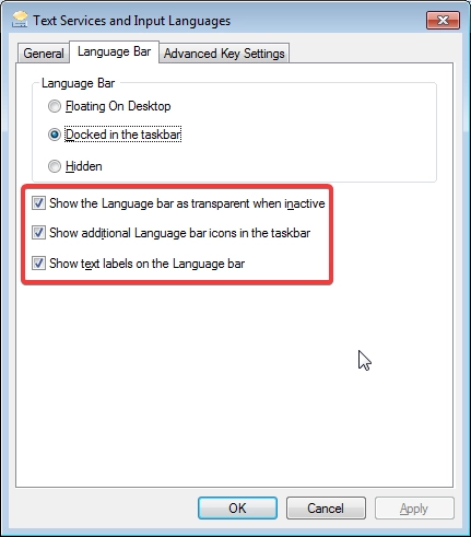 Additional options for the language bar in Windows 7