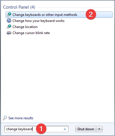Search for change keyboard in Windows 7