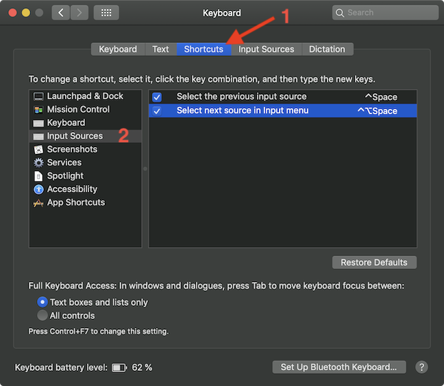 Keyboard shortcuts you can use to switch between languages