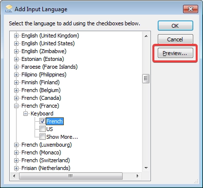 Access to preview an input language in Windows 7