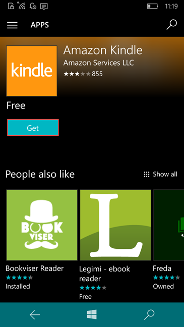 Amazon Kindle app, Windows 10 Mobile