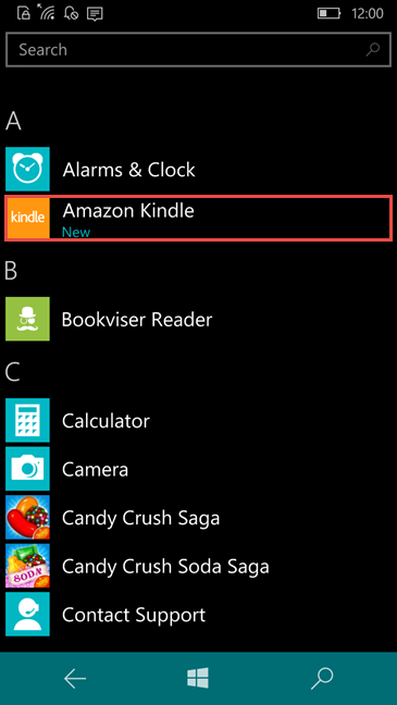 Amazon Kindle app, Windows 10 Mobile