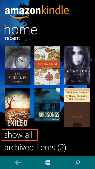 Amazon Kindle app, Windows 10 Mobile