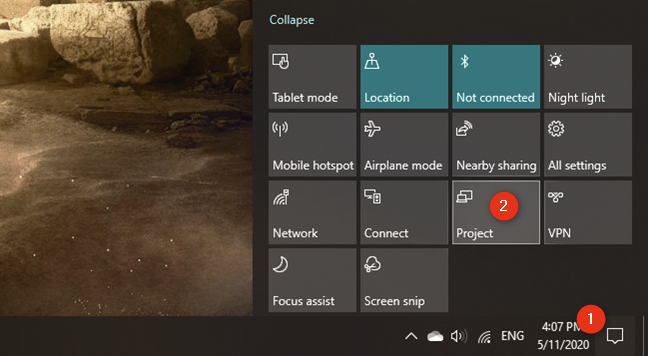 The Project button from Windows 10's quick actions